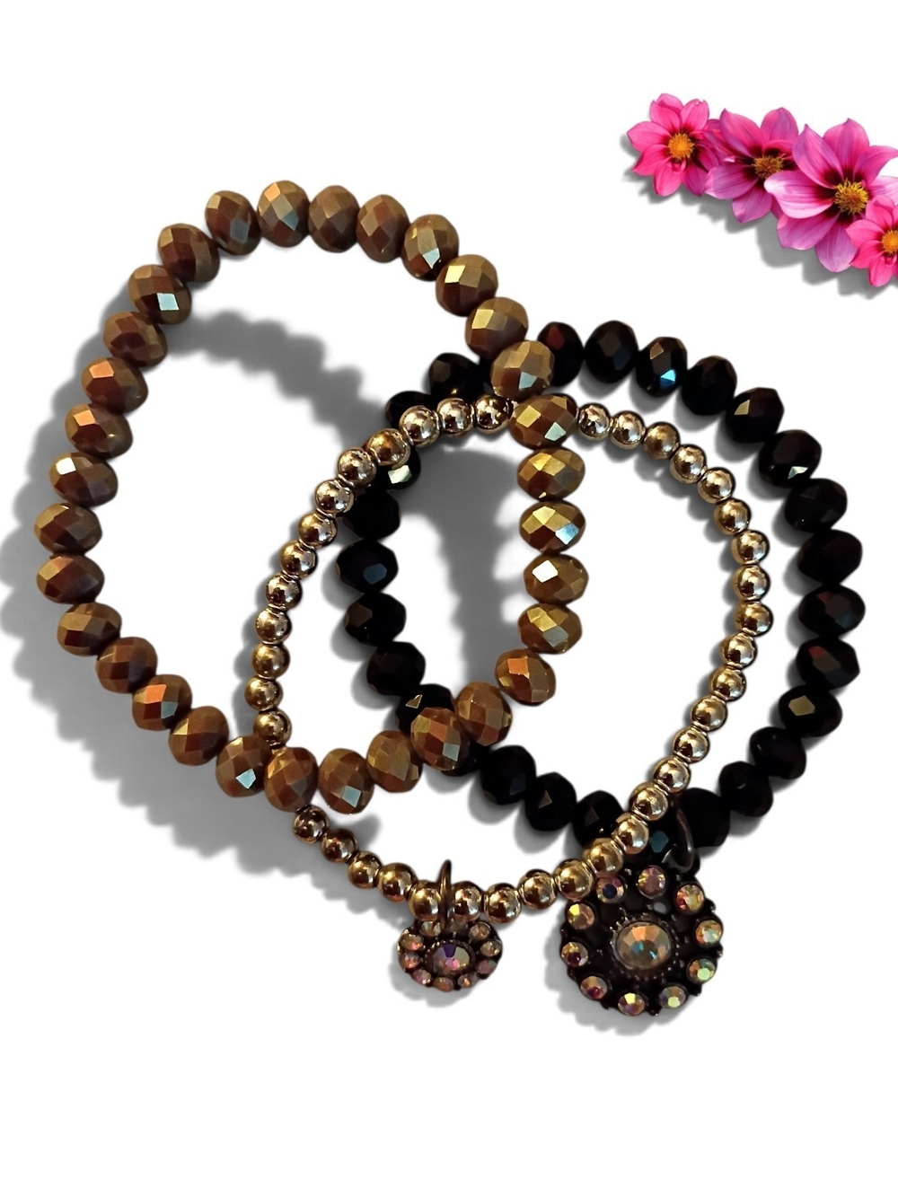 Gold & Black Beaded Charm Bracelet Set - Women's Jewelry